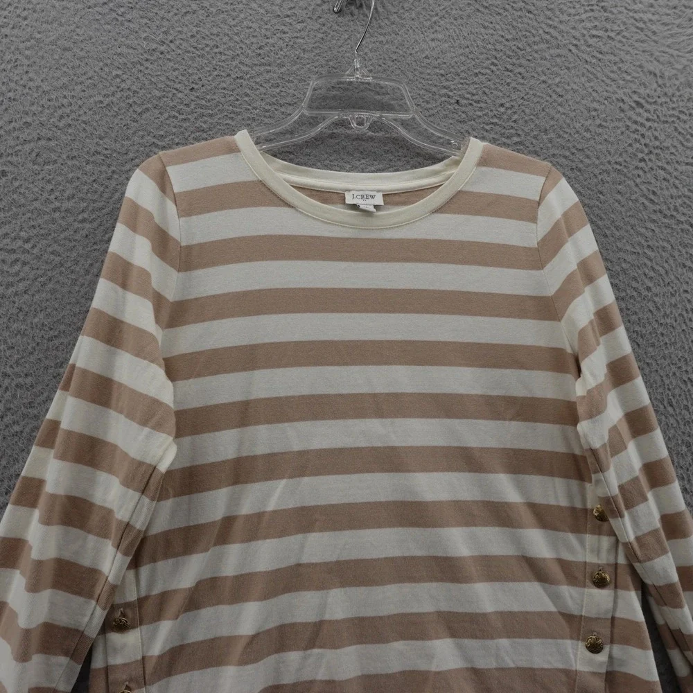 J Crew Button Side Stripe Top Medium Tan White Cotton Long Sleeve‎ Womens Tee